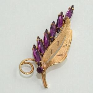 Vintage Gold Tone Purple Rhinestone Leaf Brooch Statement Floral Pin Jewelry